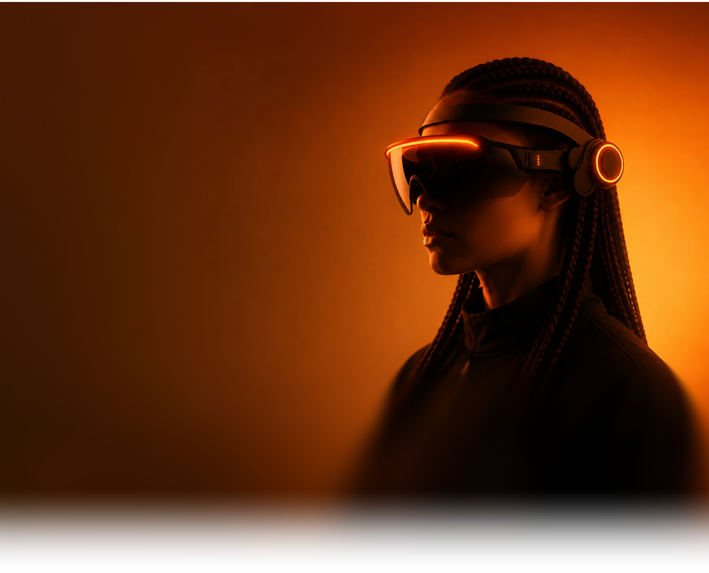 Illustration of a person wearing a VR headset in warm orange light