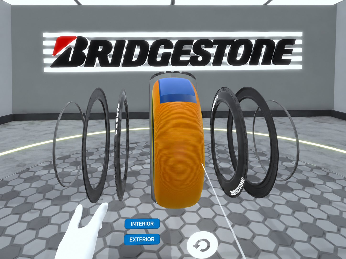 Exploded view of a Bridgestone tyre in the virtual garage studio